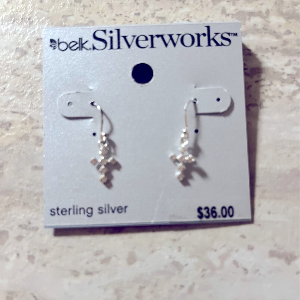 Belk SilverWorks Os Silver Rhinestone Cross Pierced Earrings
